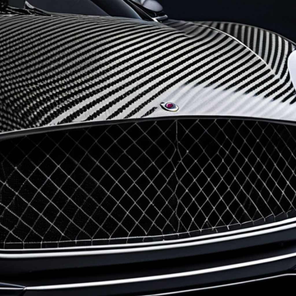 **Prompt:** A sleek, modern car body panel made of visible carbon fiber weave, showcasing its lightweight and high-strength properties. Emphasize the intricate design and the use of carbon fiber in automotive engineering, highlighting its benefits for performance.