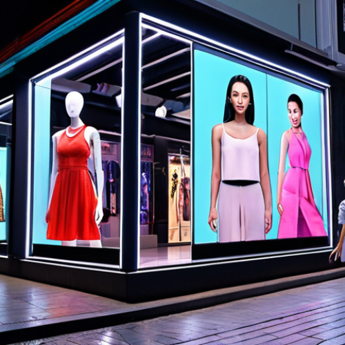 Home 25 ** A modern, bustling city street in Vietnam. A storefront features a clear glass display showcasing the latest fashion collection with dynamic 3D effects. Pedestrians are captivated, some interacting with the display. The scene captures the futuristic and engaging aspect of transparent display advertising. Focus on vibrant colors, dynamic lighting, and details that emphasize the technological aspect blending seamlessly with the urban environment.
**
