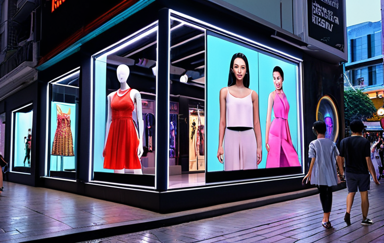 ** A modern, bustling city street in Vietnam. A storefront features a clear glass display showcasing the latest fashion collection with dynamic 3D effects. Pedestrians are captivated, some interacting with the display. The scene captures the futuristic and engaging aspect of transparent display advertising. Focus on vibrant colors, dynamic lighting, and details that emphasize the technological aspect blending seamlessly with the urban environment.
**