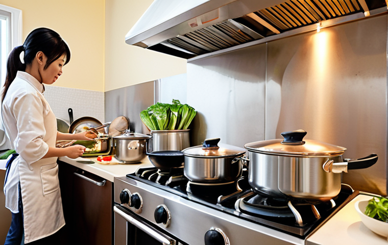 **

Prompt: "Vietnamese kitchen scene, stainless steel pots and pans on gas stove, delicious food cooking, steam rising, bright and modern kitchen interior, family meal preparation, warm and inviting atmosphere."

**