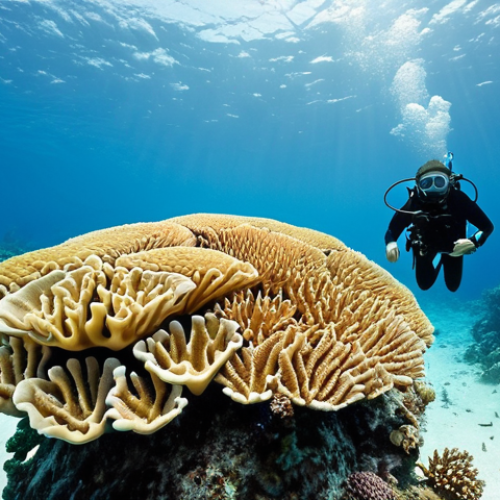 Home 23 **Prompt:** A vibrant coral reef in Phu Quoc, Vietnam, slowly turning white due to ocean warming. A scuba diver sadly observes the bleached coral, symbolizing the impact of climate change on marine ecosystems. Emphasize the beauty of what's being lost.