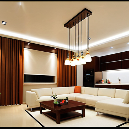 Home 22 **A modern Vietnamese home interior brightly lit with energy-efficient LED lights. Show a comparison of old incandescent bulbs versus sleek, modern LED fixtures. Emphasize the difference in brightness and the lower electricity bill concept. The scene should evoke a sense of savings and an environmentally conscious lifestyle.**