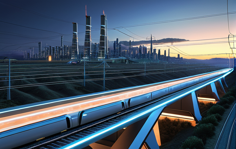 **

A futuristic cityscape with a visible power grid. Superconducting cables glow brightly, efficiently transmitting energy without loss. Maglev trains streak silently across the landscape. The overall feel should be clean, efficient, and technologically advanced, showcasing sustainable energy and transportation.

**