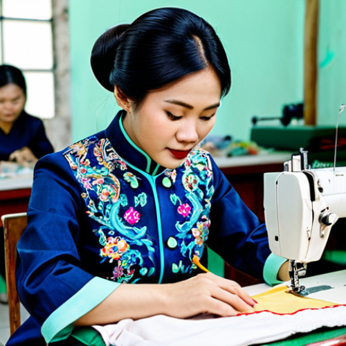 Home 9 **
A professional Vietnamese tailor, wearing ao dai (traditional Vietnamese dress), meticulously working on a sewing machine in a bright, organized tailor shop filled with colorful fabrics and patterns. Tools are neatly arranged. Focus on the skilled hands and detailed sewing process. Fully clothed, appropriate attire, safe for work, perfect anatomy, natural proportions, professional photography, high quality, modest.
**