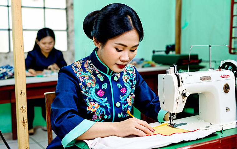 **
A professional Vietnamese tailor, wearing ao dai (traditional Vietnamese dress), meticulously working on a sewing machine in a bright, organized tailor shop filled with colorful fabrics and patterns. Tools are neatly arranged. Focus on the skilled hands and detailed sewing process. Fully clothed, appropriate attire, safe for work, perfect anatomy, natural proportions, professional photography, high quality, modest.
**