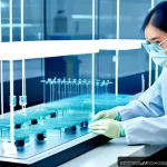 Home 20 고분자 나노섬유 - A high-tech laboratory scene showcasing the electrospinning process creating ultra-fine polymer nano...