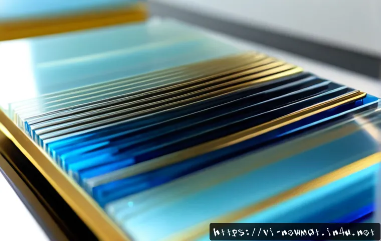Home 17 다층 나노소재 - Photorealistic macro view of a multilayer nanomaterial film resting on a pristine glass laboratory s...