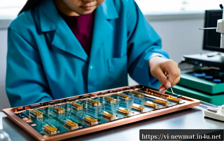 Home 17 신경망 회로 소재 - Photorealistic close-up of advanced neural network circuit materials on a clean electronics laborato...